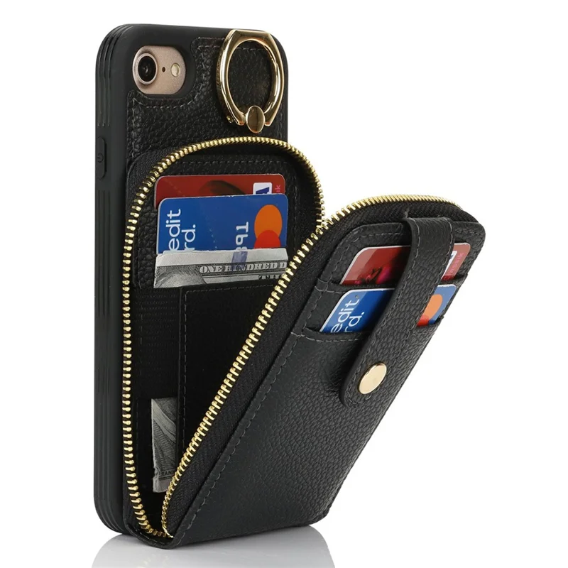 For iPhone SE (2022) / (2020) / 8 / 7 Case with Zipper Pouch / Ring Kickstand / Strap Litchi Texture PU + TPU Phone Cover - Black