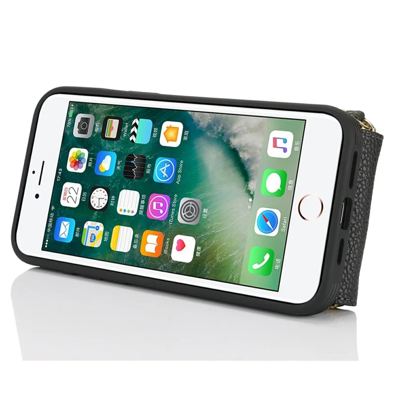 For iPhone SE (2022) / (2020) / 8 / 7 Case with Zipper Pouch / Ring Kickstand / Strap Litchi Texture PU + TPU Phone Cover - Black