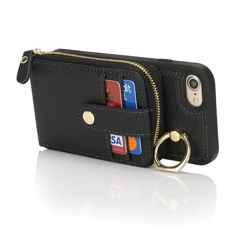 For iPhone SE (2022) / (2020) / 8 / 7 Case with Zipper Pouch / Ring Kickstand / Strap Litchi Texture PU + TPU Phone Cover - Black
