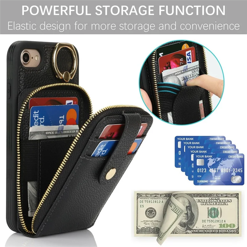 For iPhone SE (2022) / (2020) / 8 / 7 Case with Zipper Pouch / Ring Kickstand / Strap Litchi Texture PU + TPU Phone Cover - Black