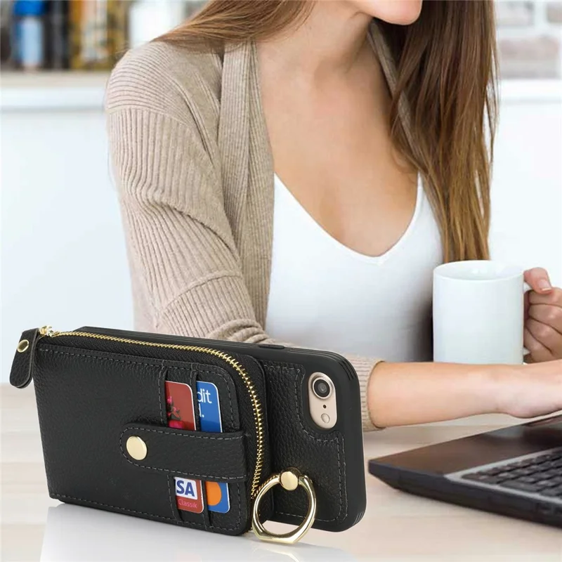For iPhone SE (2022) / (2020) / 8 / 7 Case with Zipper Pouch / Ring Kickstand / Strap Litchi Texture PU + TPU Phone Cover - Black