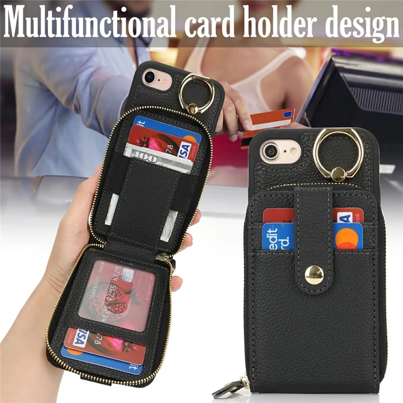For iPhone SE (2022) / (2020) / 8 / 7 Case with Zipper Pouch / Ring Kickstand / Strap Litchi Texture PU + TPU Phone Cover - Black