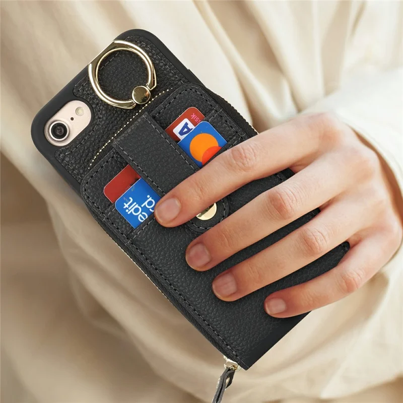 For iPhone SE (2022) / (2020) / 8 / 7 Case with Zipper Pouch / Ring Kickstand / Strap Litchi Texture PU + TPU Phone Cover - Black