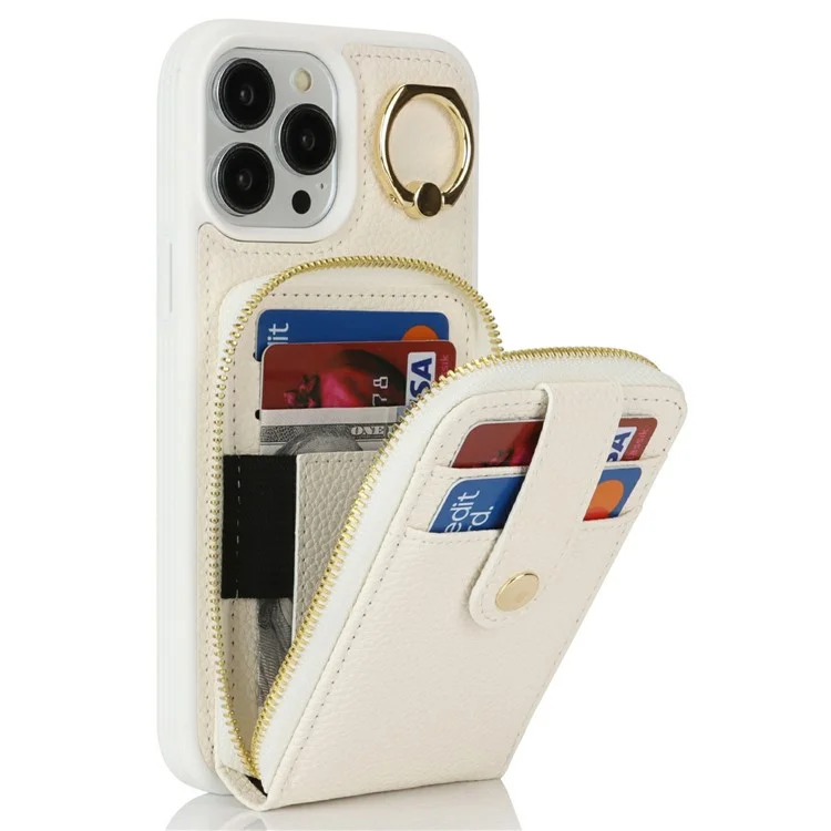 For iPhone 13 Pro Max / 12 Pro Max Case with Zipper Pouch / Ring Kickstand / Strap Litchi Texture PU + TPU Phone Cover - White