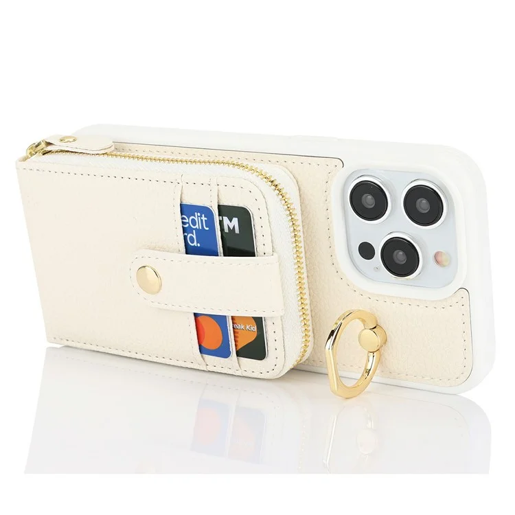 For iPhone 13 Pro Max / 12 Pro Max Case with Zipper Pouch / Ring Kickstand / Strap Litchi Texture PU + TPU Phone Cover - White