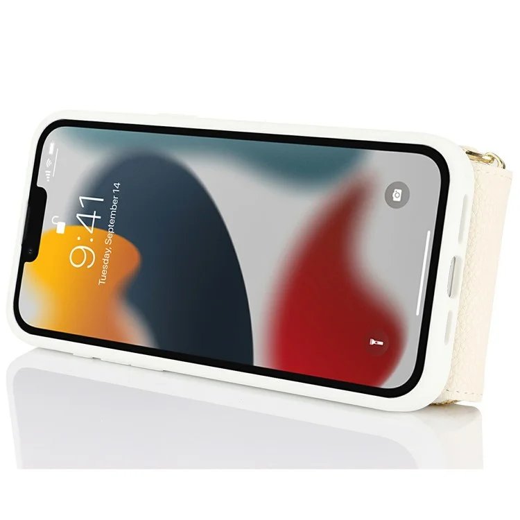 For iPhone 13 Pro Max / 12 Pro Max Case with Zipper Pouch / Ring Kickstand / Strap Litchi Texture PU + TPU Phone Cover - White