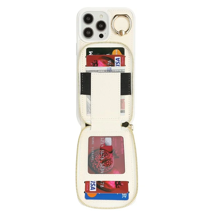 For iPhone 13 Pro Max / 12 Pro Max Case with Zipper Pouch / Ring Kickstand / Strap Litchi Texture PU + TPU Phone Cover - White