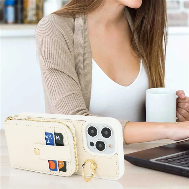 For iPhone 13 Pro Max / 12 Pro Max Case with Zipper Pouch / Ring Kickstand / Strap Litchi Texture PU + TPU Phone Cover - White