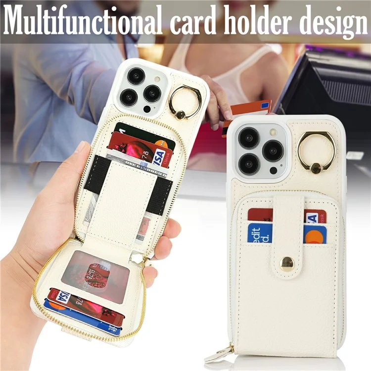 For iPhone 13 Pro Max / 12 Pro Max Case with Zipper Pouch / Ring Kickstand / Strap Litchi Texture PU + TPU Phone Cover - White