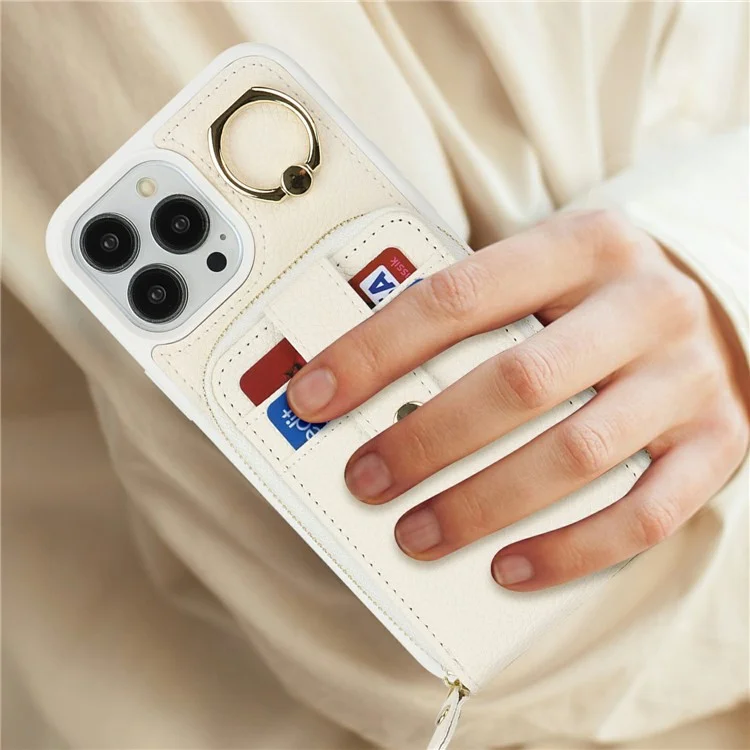 For iPhone 13 Pro Max / 12 Pro Max Case with Zipper Pouch / Ring Kickstand / Strap Litchi Texture PU + TPU Phone Cover - White