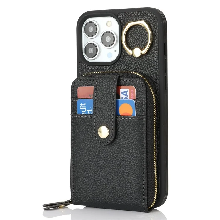 For iPhone 14 Pro Max Case with Zipper Pouch / Ring Kickstand / Strap Litchi Texture PU + TPU Phone Cover - Black
