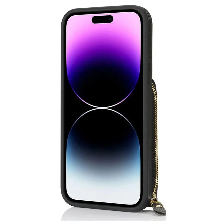 For iPhone 14 Pro Max Case with Zipper Pouch / Ring Kickstand / Strap Litchi Texture PU + TPU Phone Cover - Black