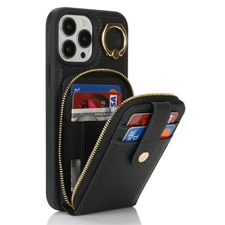 For iPhone 14 Pro Max Case with Zipper Pouch / Ring Kickstand / Strap Litchi Texture PU + TPU Phone Cover - Black