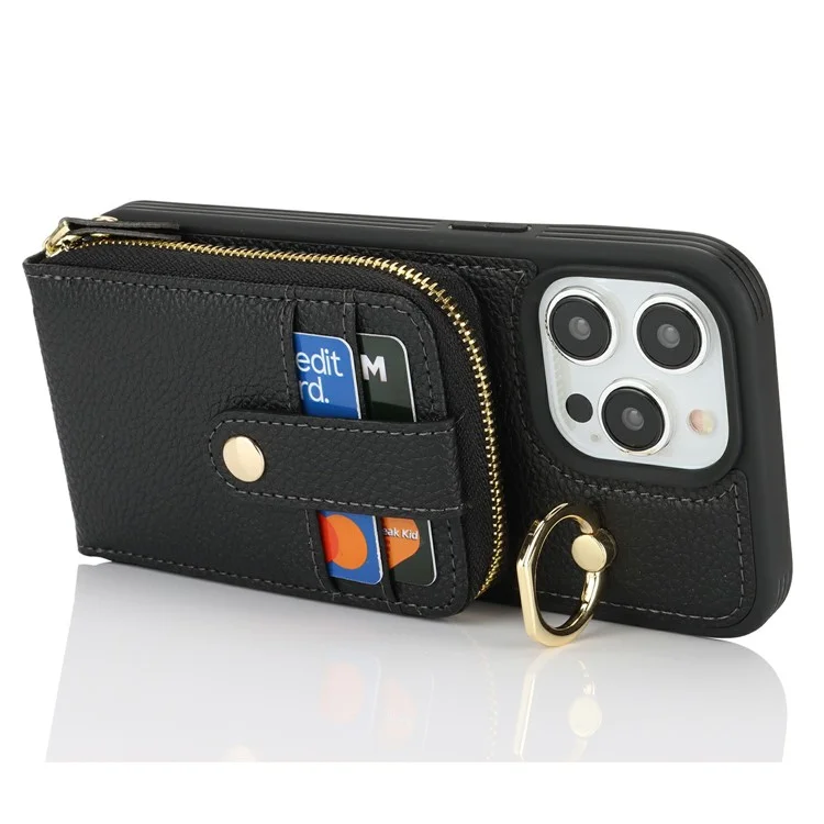 For iPhone 14 Pro Max Case with Zipper Pouch / Ring Kickstand / Strap Litchi Texture PU + TPU Phone Cover - Black