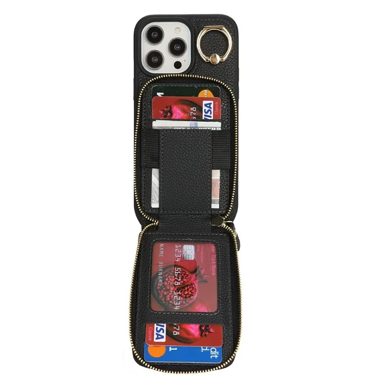 For iPhone 14 Pro Max Case with Zipper Pouch / Ring Kickstand / Strap Litchi Texture PU + TPU Phone Cover - Black