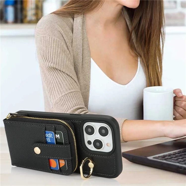 For iPhone 14 Pro Max Case with Zipper Pouch / Ring Kickstand / Strap Litchi Texture PU + TPU Phone Cover - Black