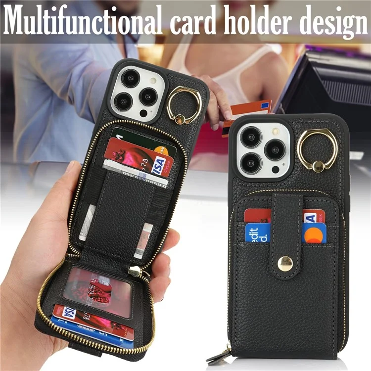 For iPhone 14 Pro Max Case with Zipper Pouch / Ring Kickstand / Strap Litchi Texture PU + TPU Phone Cover - Black