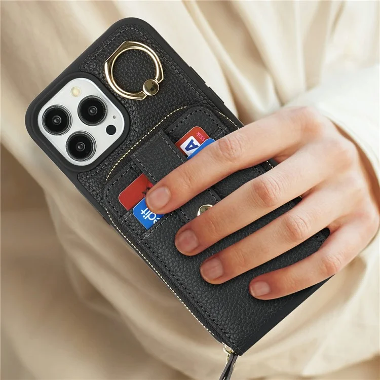 For iPhone 14 Pro Max Case with Zipper Pouch / Ring Kickstand / Strap Litchi Texture PU + TPU Phone Cover - Black