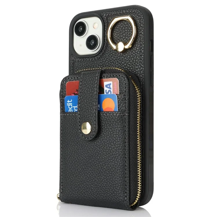For iPhone 15 Plus / 14 Plus Case with Zipper Pouch / Ring Kickstand / Strap Litchi Texture PU + TPU Phone Cover - Black