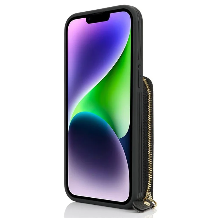 For iPhone 15 Plus / 14 Plus Case with Zipper Pouch / Ring Kickstand / Strap Litchi Texture PU + TPU Phone Cover - Black