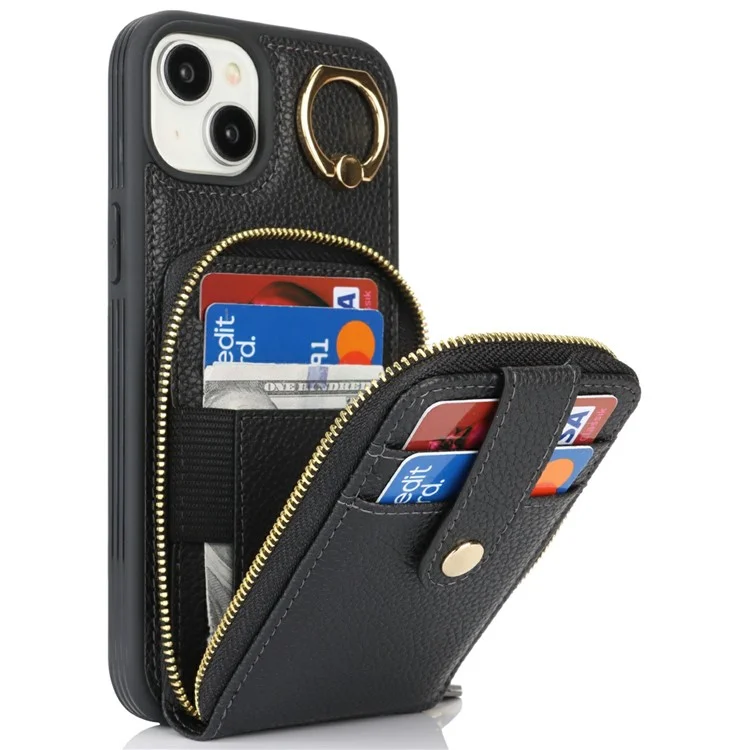 For iPhone 15 Plus / 14 Plus Case with Zipper Pouch / Ring Kickstand / Strap Litchi Texture PU + TPU Phone Cover - Black