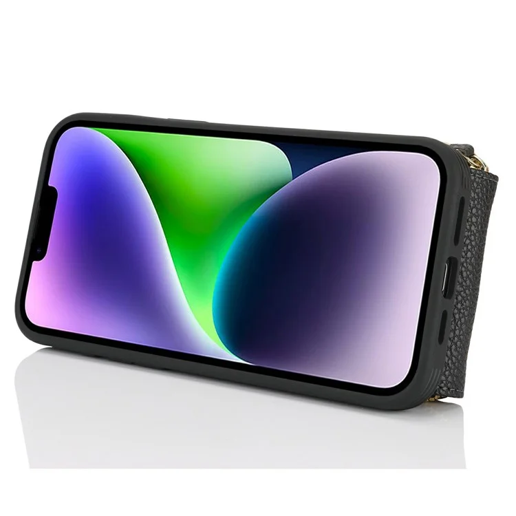 For iPhone 15 Plus / 14 Plus Case with Zipper Pouch / Ring Kickstand / Strap Litchi Texture PU + TPU Phone Cover - Black
