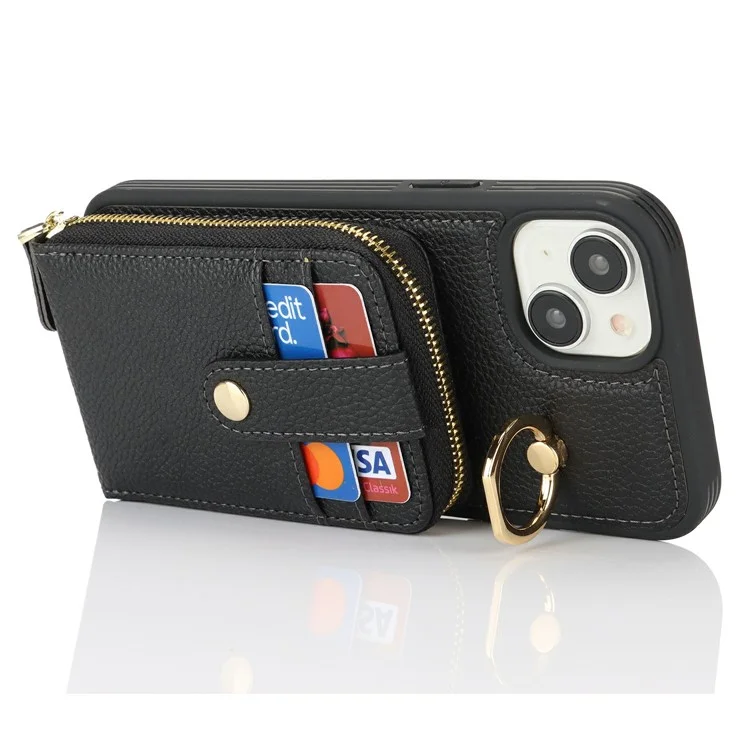 For iPhone 15 Plus / 14 Plus Case with Zipper Pouch / Ring Kickstand / Strap Litchi Texture PU + TPU Phone Cover - Black