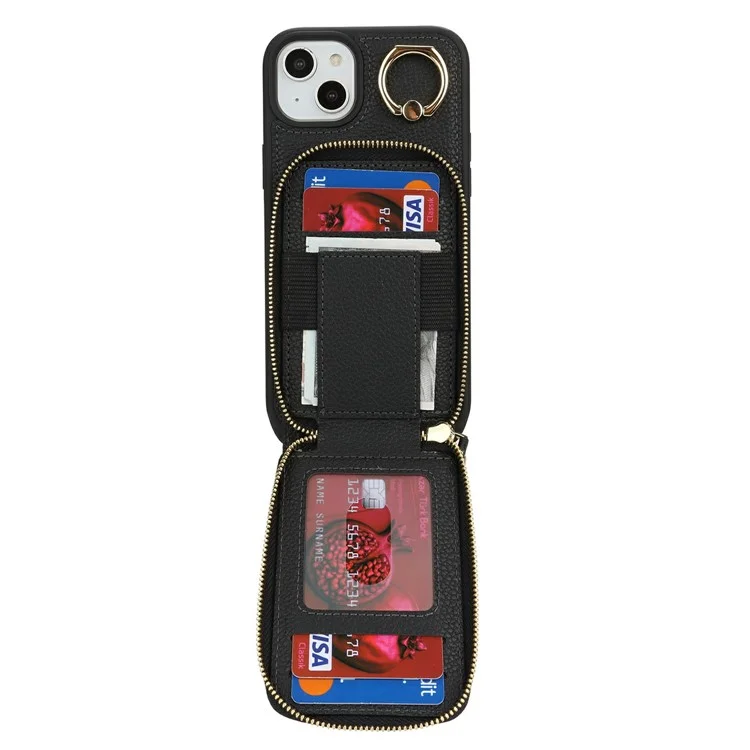 For iPhone 15 Plus / 14 Plus Case with Zipper Pouch / Ring Kickstand / Strap Litchi Texture PU + TPU Phone Cover - Black
