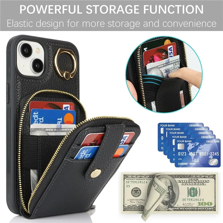 For iPhone 15 Plus / 14 Plus Case with Zipper Pouch / Ring Kickstand / Strap Litchi Texture PU + TPU Phone Cover - Black