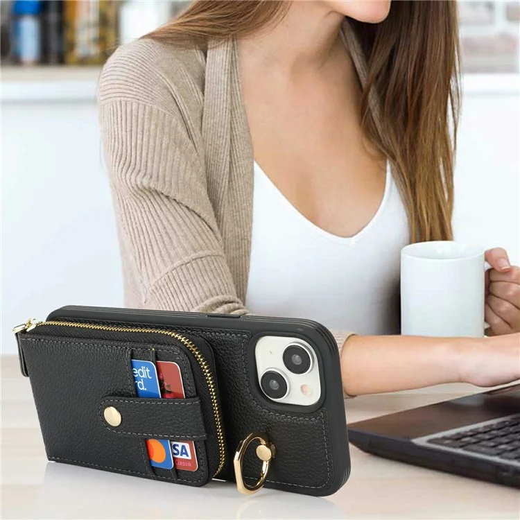 For iPhone 15 Plus / 14 Plus Case with Zipper Pouch / Ring Kickstand / Strap Litchi Texture PU + TPU Phone Cover - Black