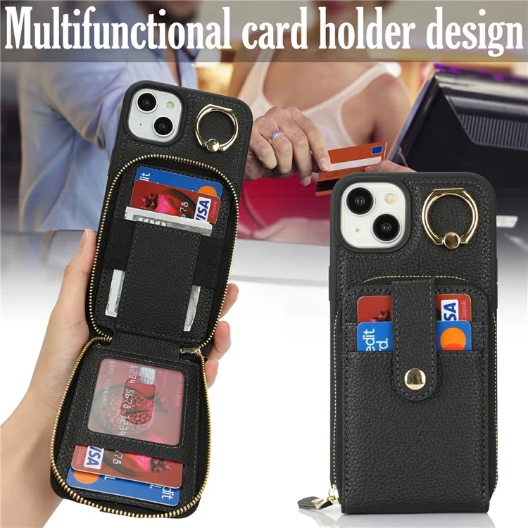 For iPhone 15 Plus / 14 Plus Case with Zipper Pouch / Ring Kickstand / Strap Litchi Texture PU + TPU Phone Cover - Black