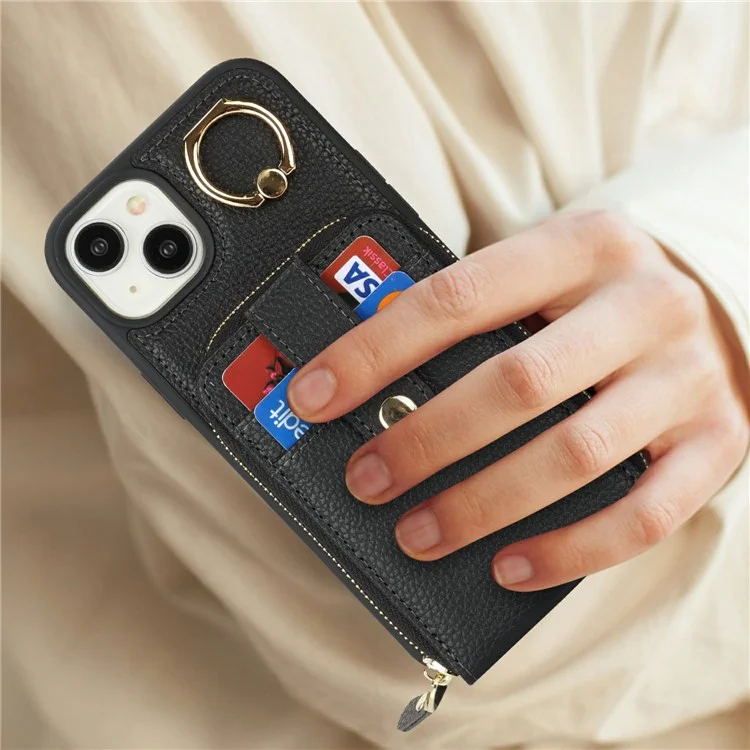 For iPhone 15 Plus / 14 Plus Case with Zipper Pouch / Ring Kickstand / Strap Litchi Texture PU + TPU Phone Cover - Black