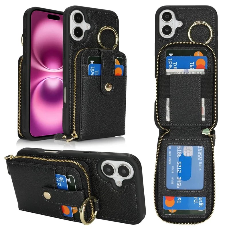 For iPhone 16 Case with Zipper Pouch / Ring Kickstand / Strap Litchi Texture PU + TPU Phone Cover - Black