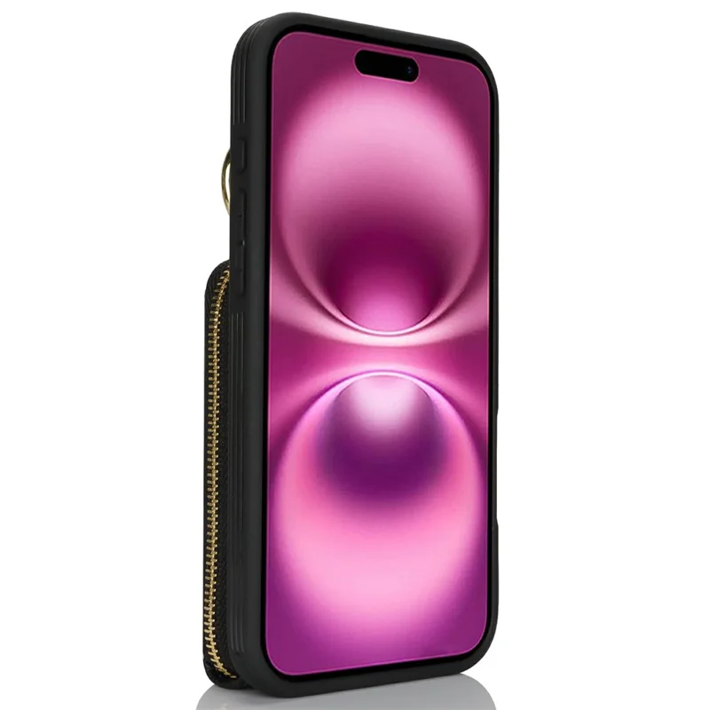 For iPhone 16 Case with Zipper Pouch / Ring Kickstand / Strap Litchi Texture PU + TPU Phone Cover - Black