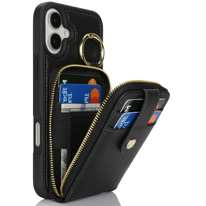 For iPhone 16 Case with Zipper Pouch / Ring Kickstand / Strap Litchi Texture PU + TPU Phone Cover - Black