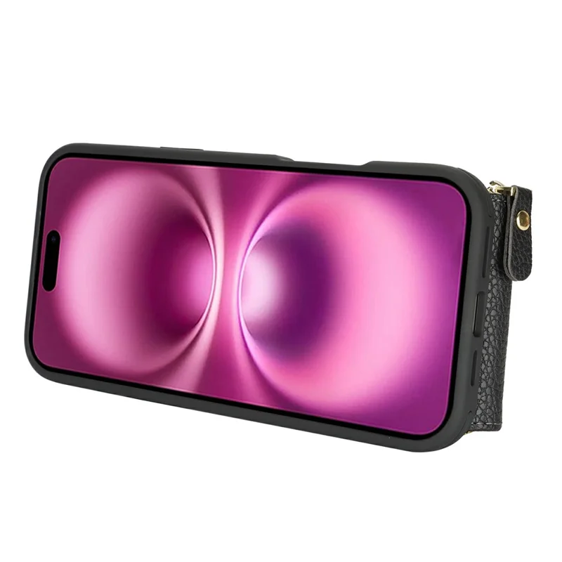 For iPhone 16 Case with Zipper Pouch / Ring Kickstand / Strap Litchi Texture PU + TPU Phone Cover - Black