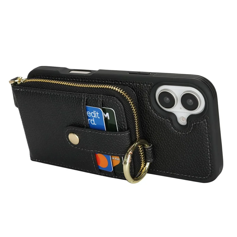 For iPhone 16 Case with Zipper Pouch / Ring Kickstand / Strap Litchi Texture PU + TPU Phone Cover - Black