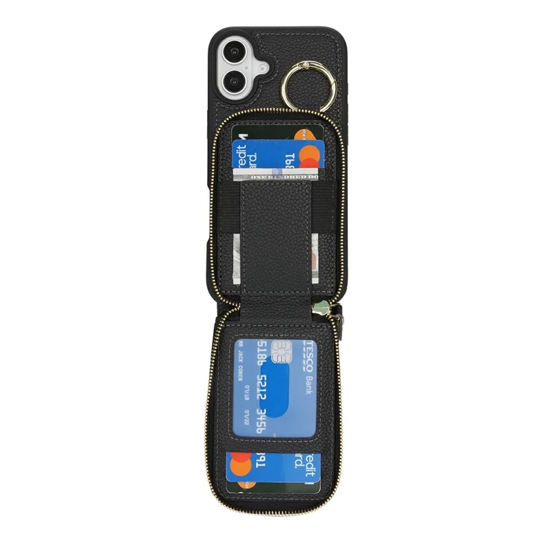 For iPhone 16 Case with Zipper Pouch / Ring Kickstand / Strap Litchi Texture PU + TPU Phone Cover - Black