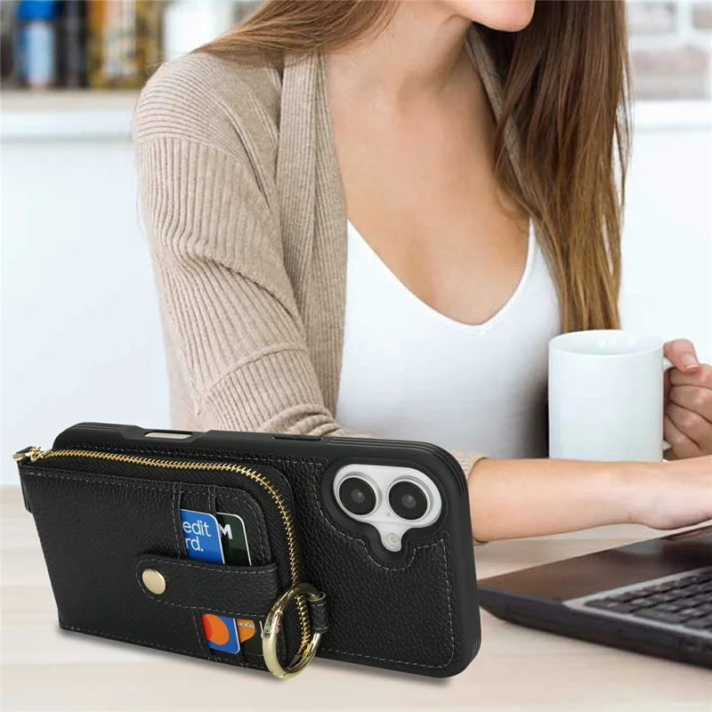 For iPhone 16 Case with Zipper Pouch / Ring Kickstand / Strap Litchi Texture PU + TPU Phone Cover - Black