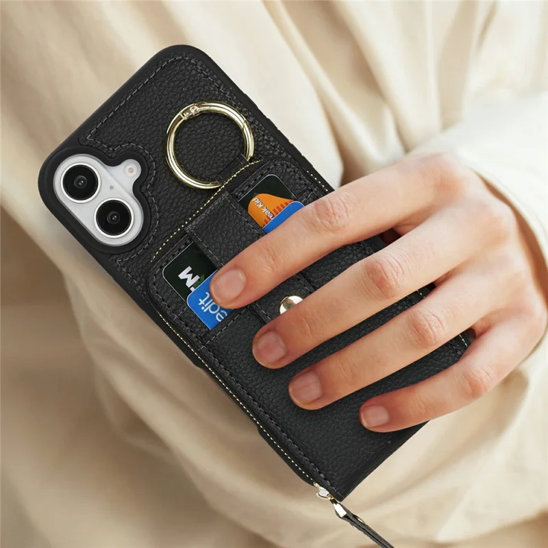 For iPhone 16 Case with Zipper Pouch / Ring Kickstand / Strap Litchi Texture PU + TPU Phone Cover - Black