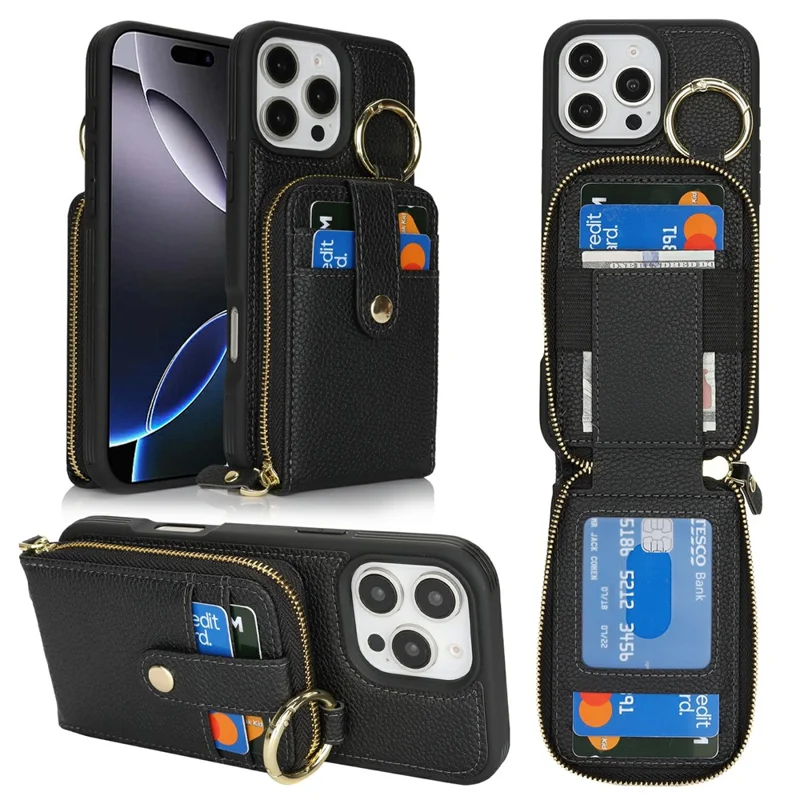 For iPhone 16 Pro Case with Zipper Pouch / Ring Kickstand / Strap Litchi Texture PU + TPU Phone Cover - Black