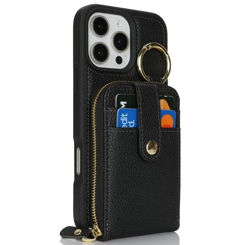 For iPhone 16 Pro Case with Zipper Pouch / Ring Kickstand / Strap Litchi Texture PU + TPU Phone Cover - Black