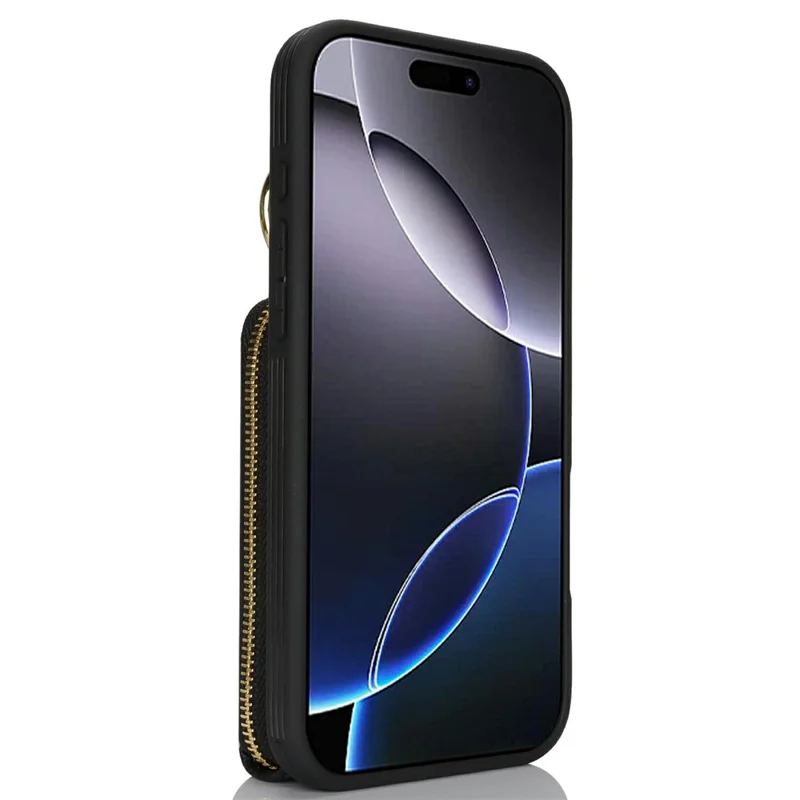 For iPhone 16 Pro Case with Zipper Pouch / Ring Kickstand / Strap Litchi Texture PU + TPU Phone Cover - Black