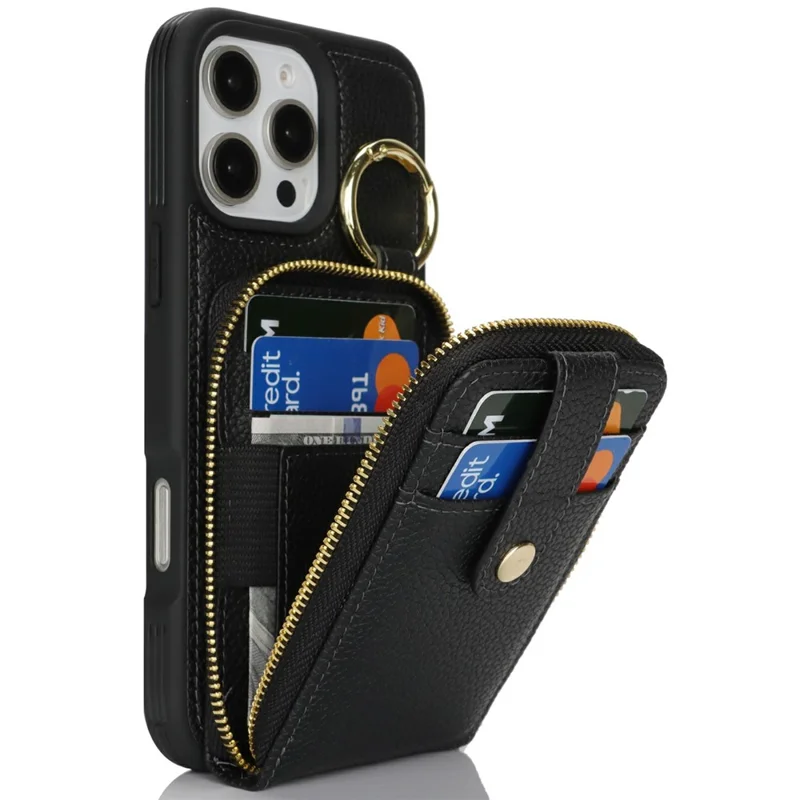 For iPhone 16 Pro Case with Zipper Pouch / Ring Kickstand / Strap Litchi Texture PU + TPU Phone Cover - Black