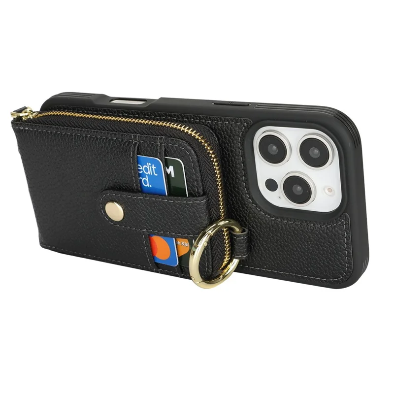 For iPhone 16 Pro Case with Zipper Pouch / Ring Kickstand / Strap Litchi Texture PU + TPU Phone Cover - Black
