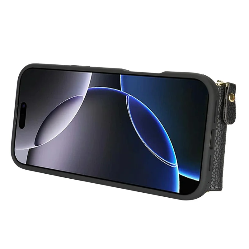 For iPhone 16 Pro Case with Zipper Pouch / Ring Kickstand / Strap Litchi Texture PU + TPU Phone Cover - Black