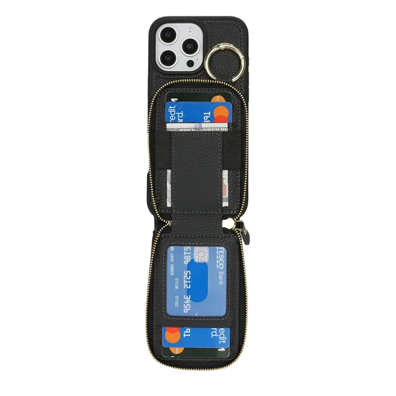 For iPhone 16 Pro Case with Zipper Pouch / Ring Kickstand / Strap Litchi Texture PU + TPU Phone Cover - Black