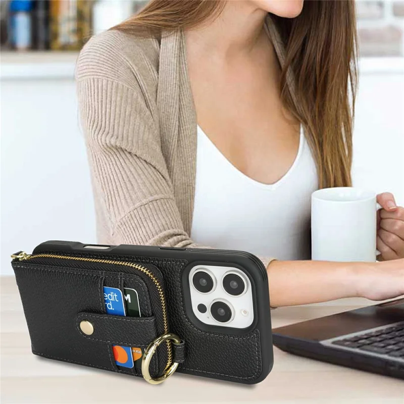 For iPhone 16 Pro Case with Zipper Pouch / Ring Kickstand / Strap Litchi Texture PU + TPU Phone Cover - Black