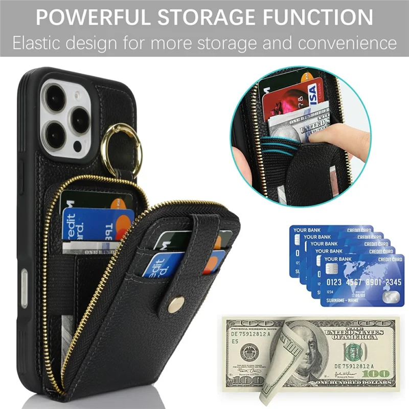For iPhone 16 Pro Case with Zipper Pouch / Ring Kickstand / Strap Litchi Texture PU + TPU Phone Cover - Black