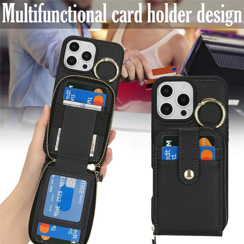 For iPhone 16 Pro Case with Zipper Pouch / Ring Kickstand / Strap Litchi Texture PU + TPU Phone Cover - Black